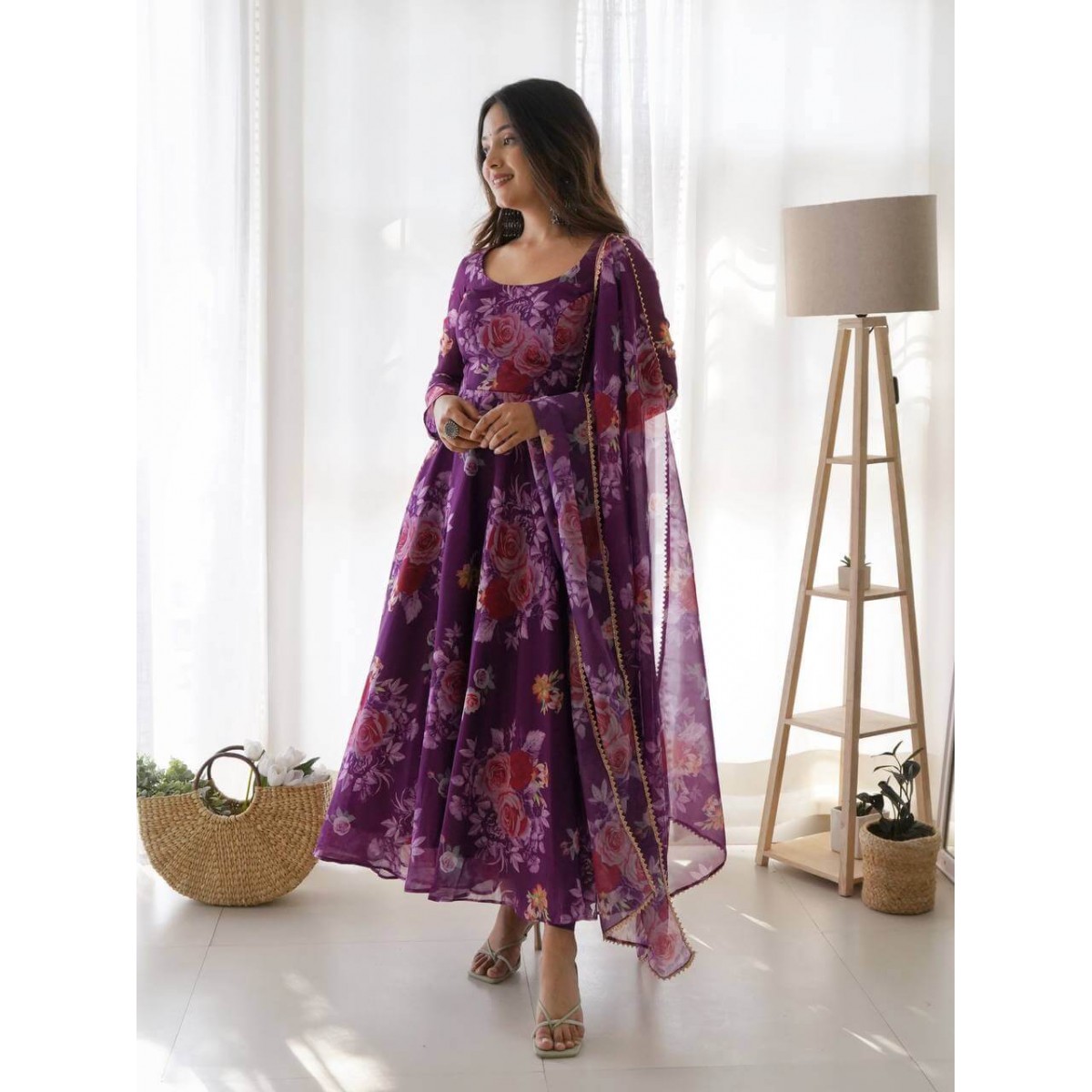Purple color floral organza silk anarkali suit